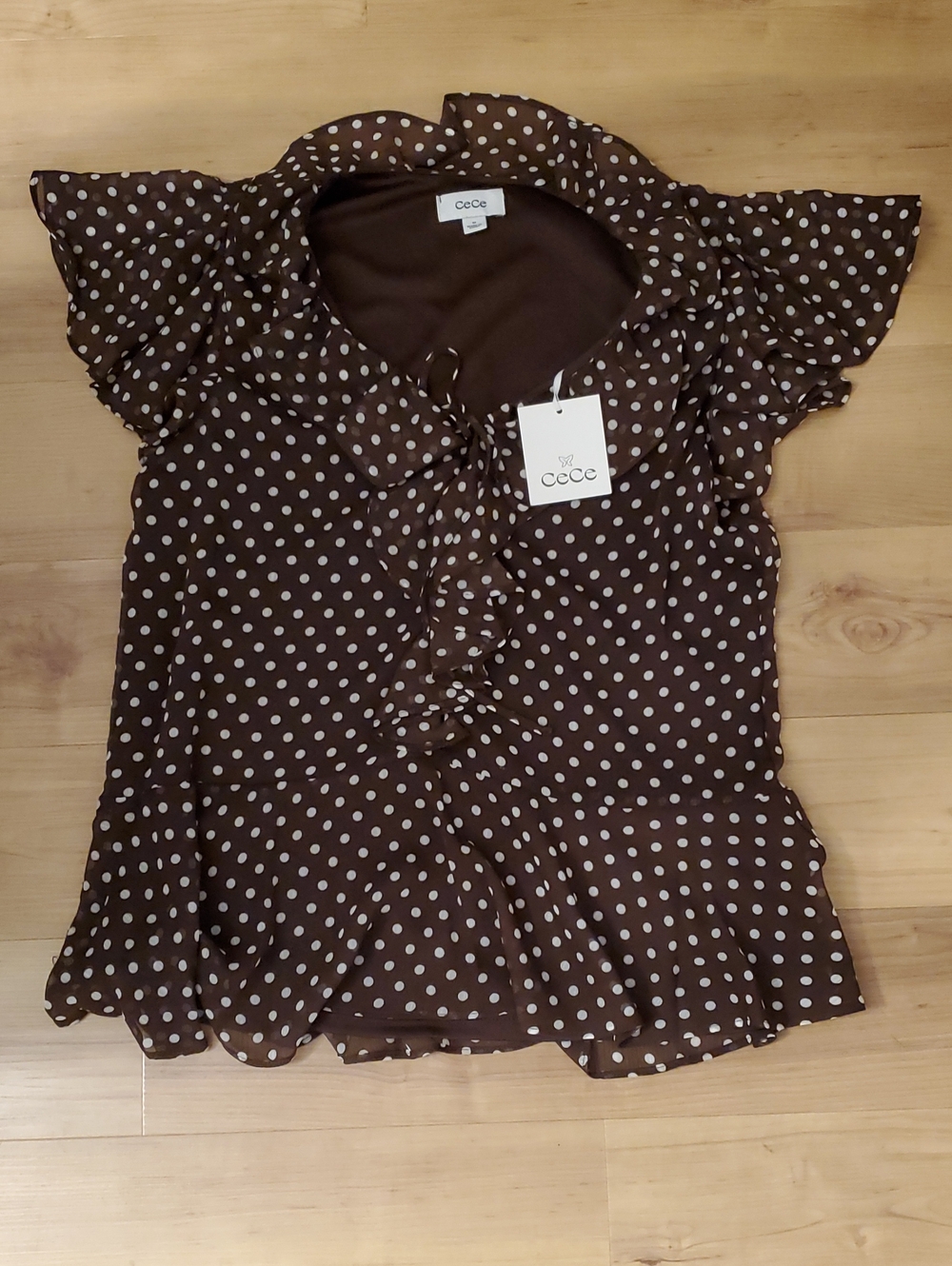 CeCe Brown Polka Dot Ruffle Sleeve Blouse
